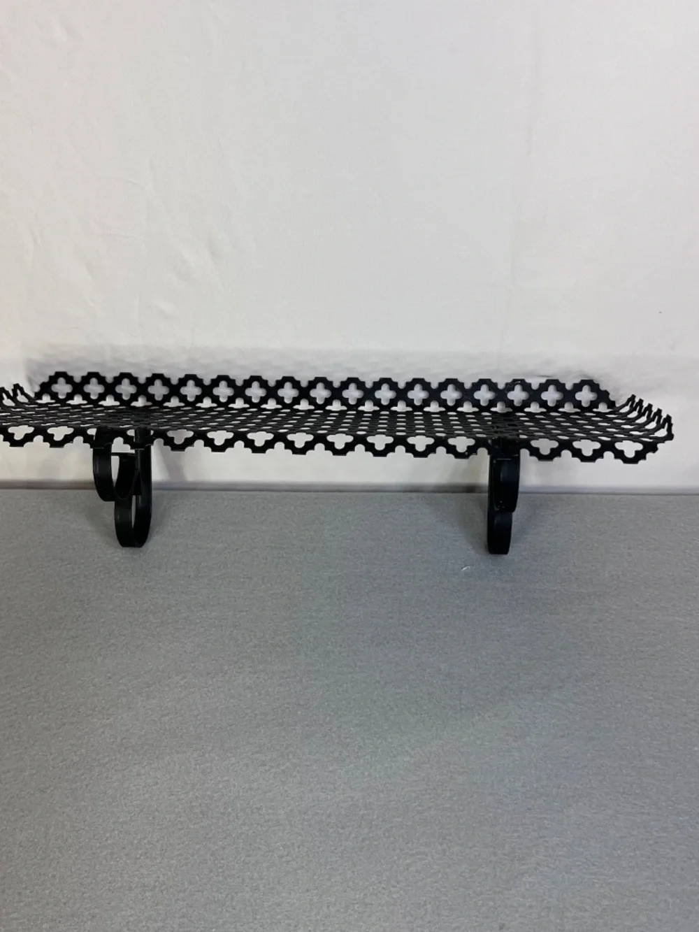 MCM Black Metal Wall Shelf Clover Leaf Lattice Pattern Scalloped Edges Set of 2